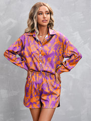 Women's Plus Floral Print Button Up Blouse & Shorts Set