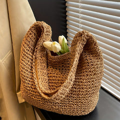 Straw Woven Beach Bag Large Capacity Shoulder Tote Boho Style Travel Holiday