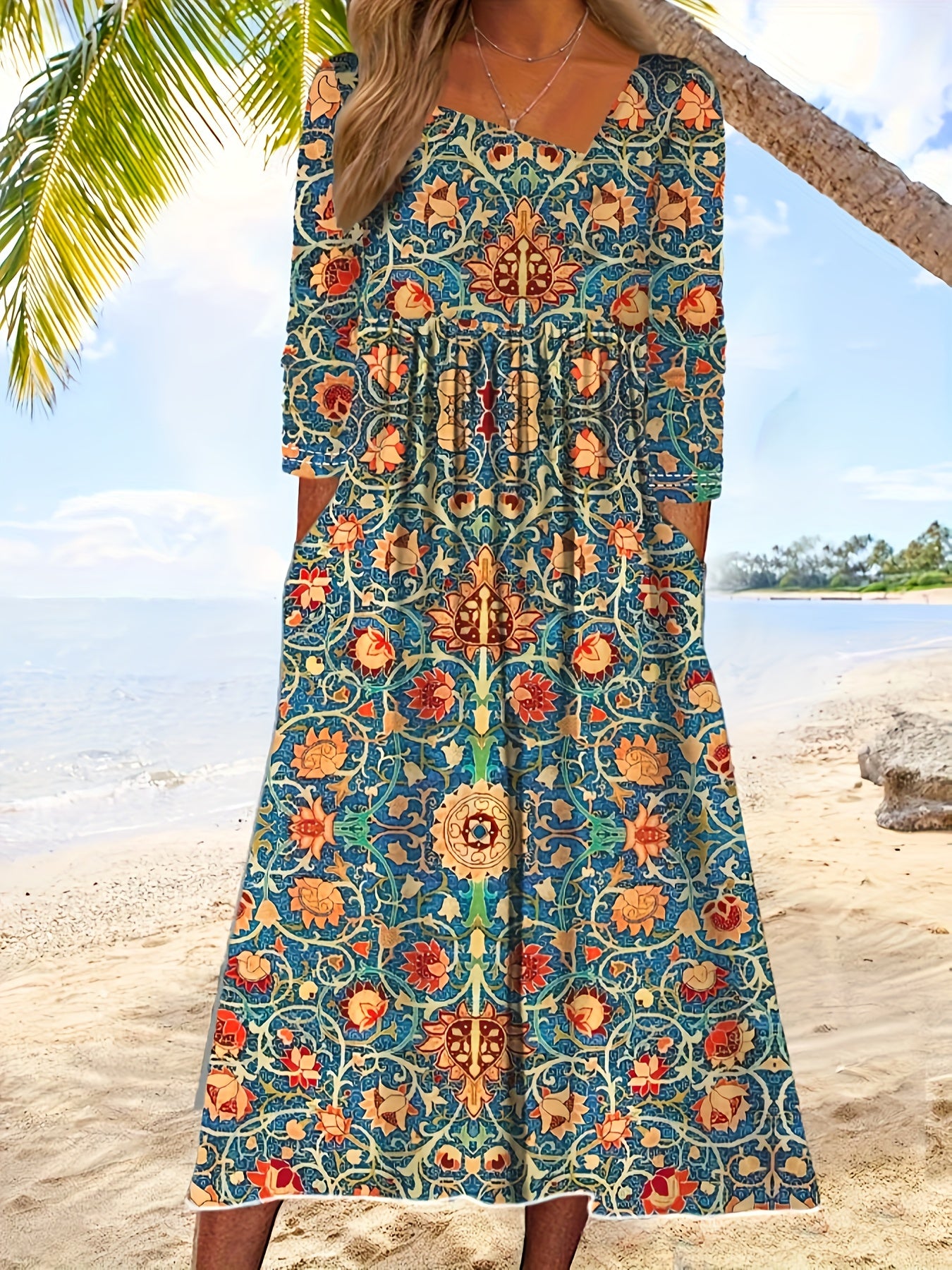  Floral Print Long Sleeve Dress With Pockets