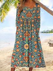 Floral Print Long Sleeve Dress With Pockets