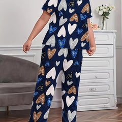  Heart Print Pajama Set - Short Sleeve T-shirt & Pants