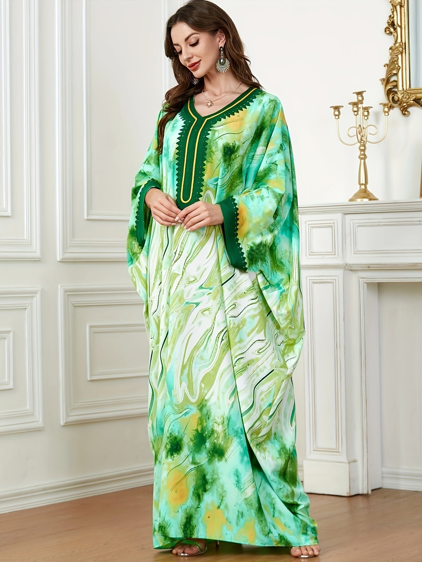 Abaya Dress Women's Plus Tie Dye & Fluid Print Batwing Sleeve V Neck