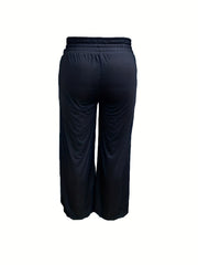  Solid Elastic Drawstring High Rise Wide Leg Trousers