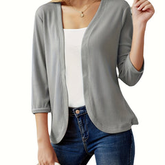  Solid Three Quarter Sleeve Open Front Waffle Knit Cropped Cardigan