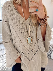 V Neck Hollow Out Solid Knit Sweater Long Sleeve