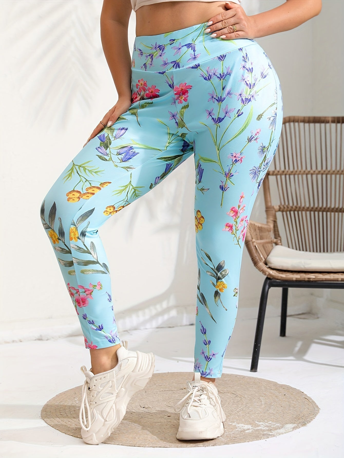  Casual Leggings Women's Plus Floral Print High Rise Leggings