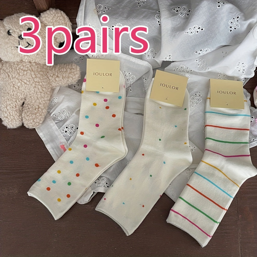 3 Pairs Polka Dot & Striped Socks Women's Mid Tube Socks
