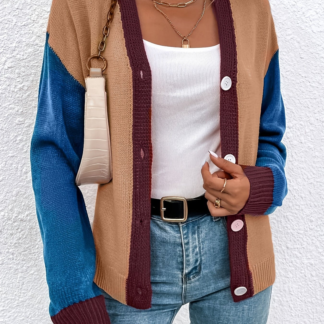  Colorblock Long Sleeve Button Front Sweater Cardigan