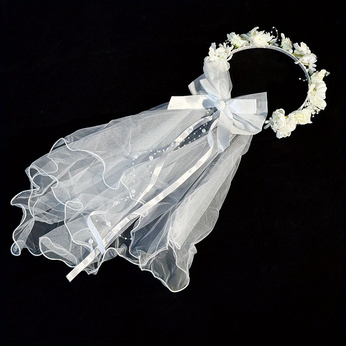 Short Wedding Veil Bow Headband for Women Bridal Veil with Floral Accents