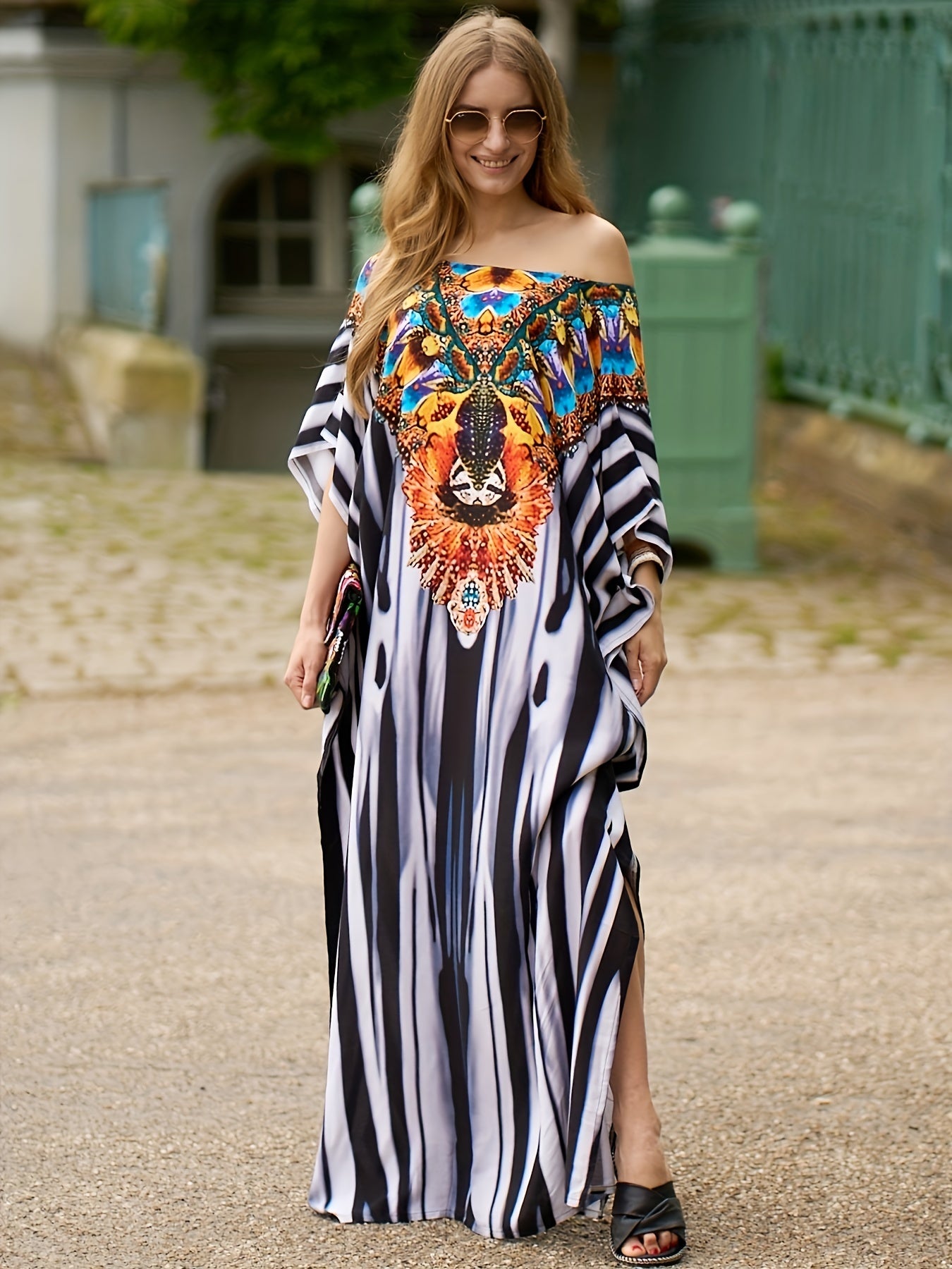  Butterfly Print V Neck Cover Up Dress