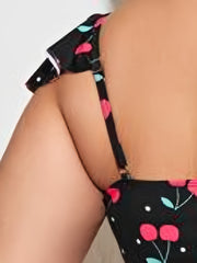  Colorblock Cherry Print Ruffle Sleeve Bikini Set