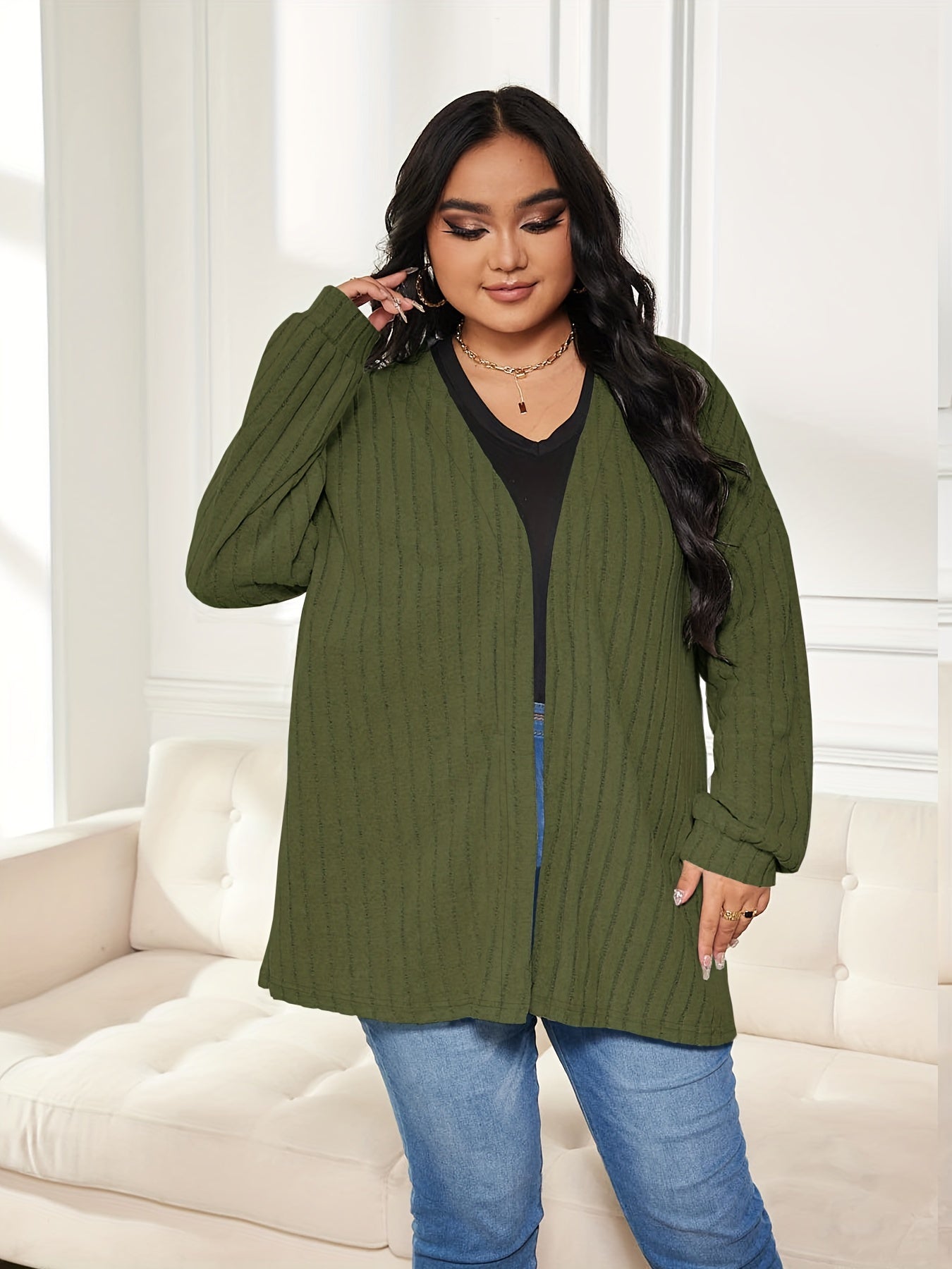  Solid Ribbed Long Sleeve Open Front Cardigan