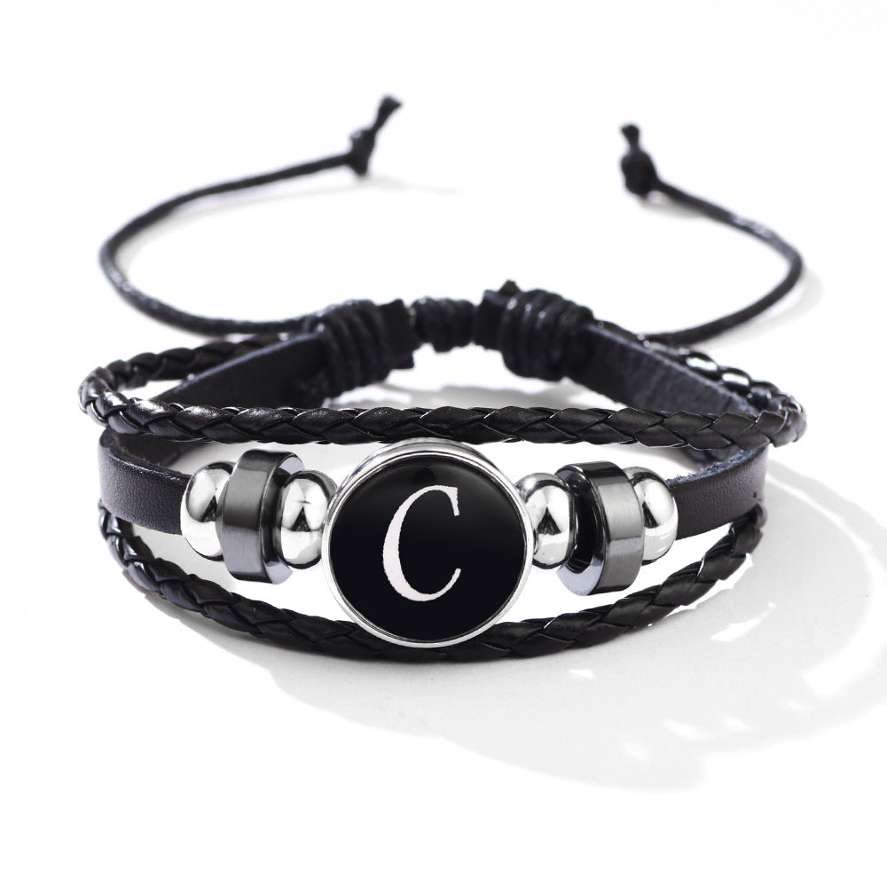 Stackable PU Leather Chain Bracelet with 26 English Letter Pattern