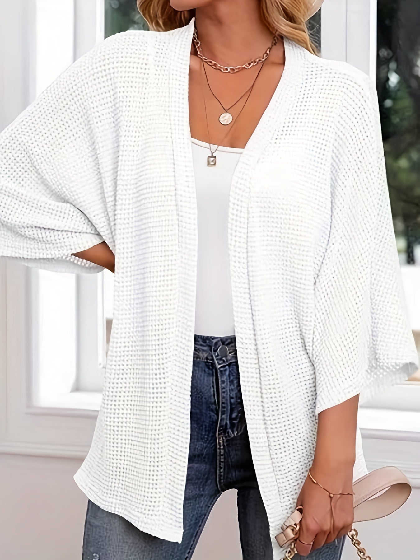  Casual Cardigan Women's Plus Solid Waffle Knit Open Front Cardigan