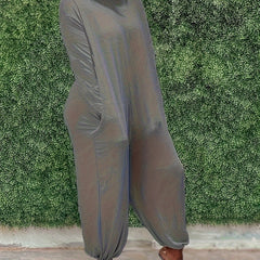  Solid Long Sleeve Round Neck Jumpsuit With Pockets