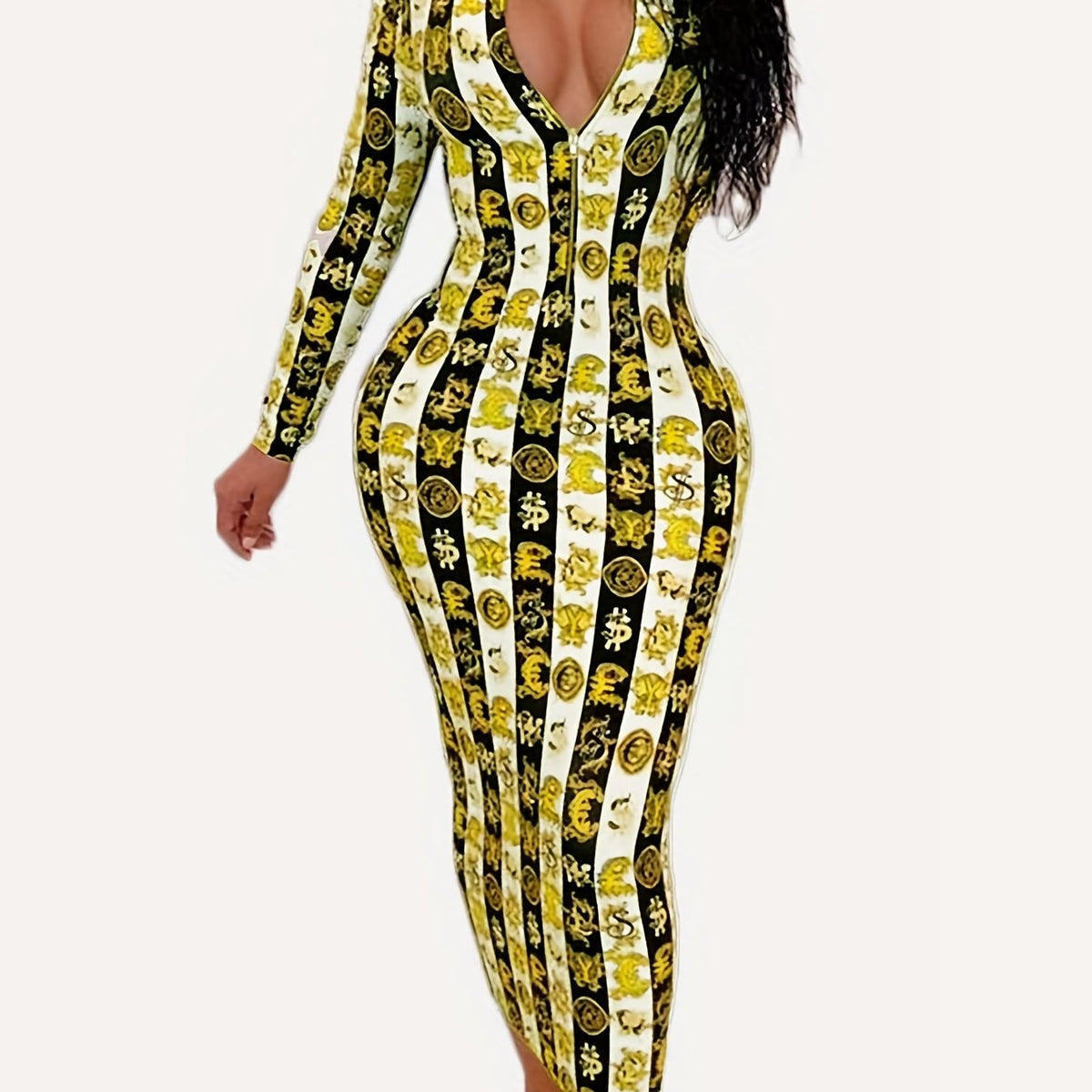  Stripe Print Half Zipper V Neck Bodycon Maxi Dress