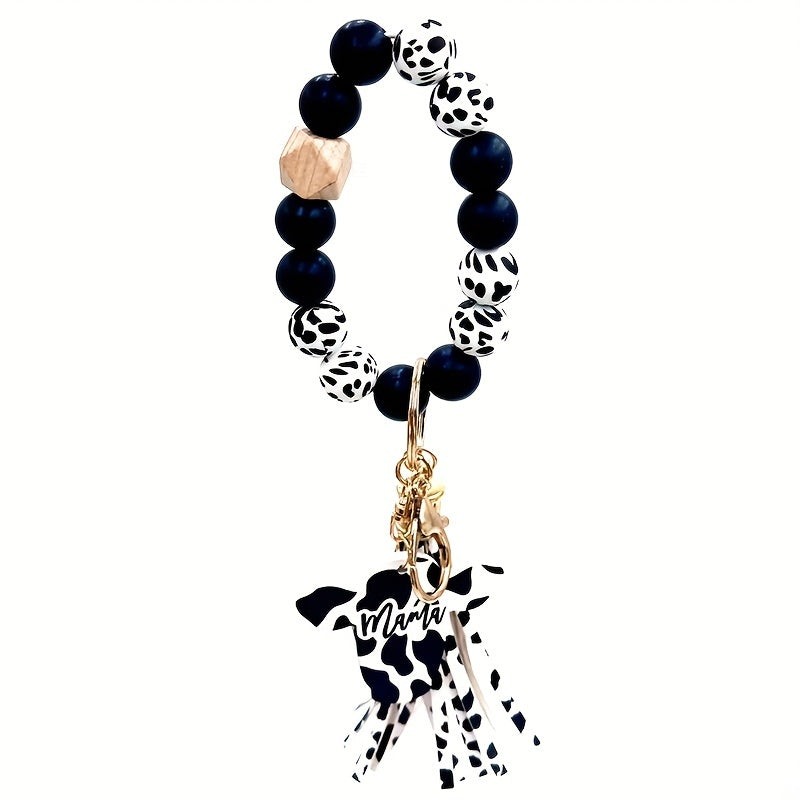 Cow Tassel Charm Beaded Bracelet Keychain Bag Car Key Chain Pendant