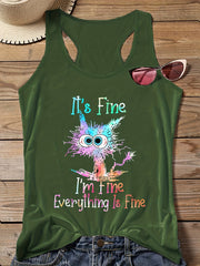 Plus Ombre Cat & Slogan Print Round Neck Vest