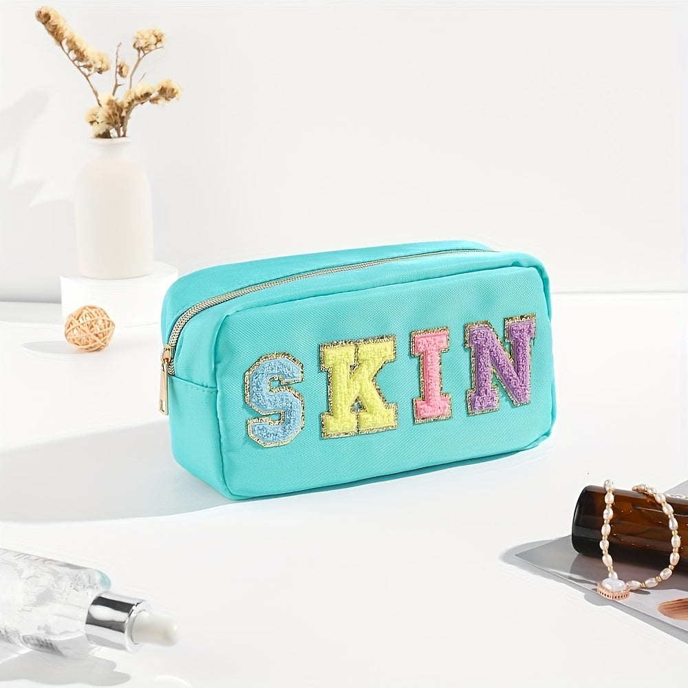 Plush Letter Print Zipper Makeup Pouch Portable Cosmetic Bag