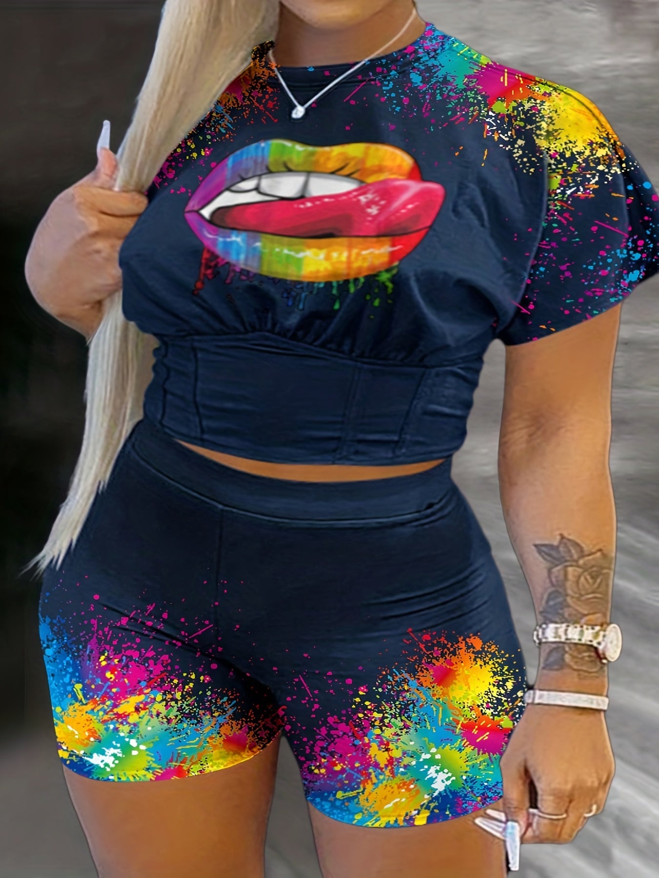 Plus Lip & Splash Print Crop Top & Shorts Set