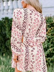 Women's Plus Leopard Print Lantern Sleeve V Neck Mini Dress
