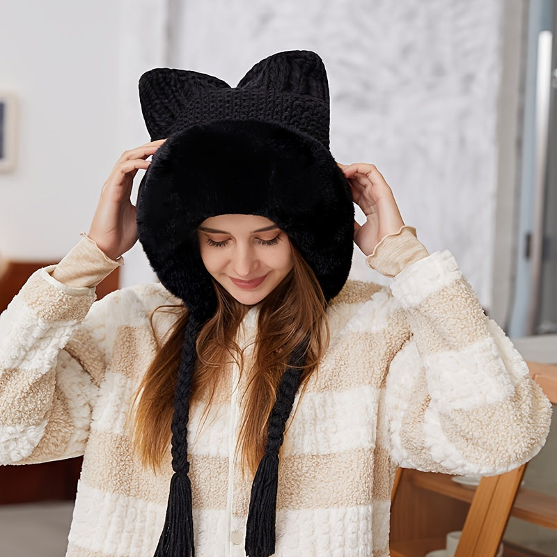 Women's Winter Pom Beanie Hat Fluffy Knit Cat Fox Ear Faux Fur Skull Cap