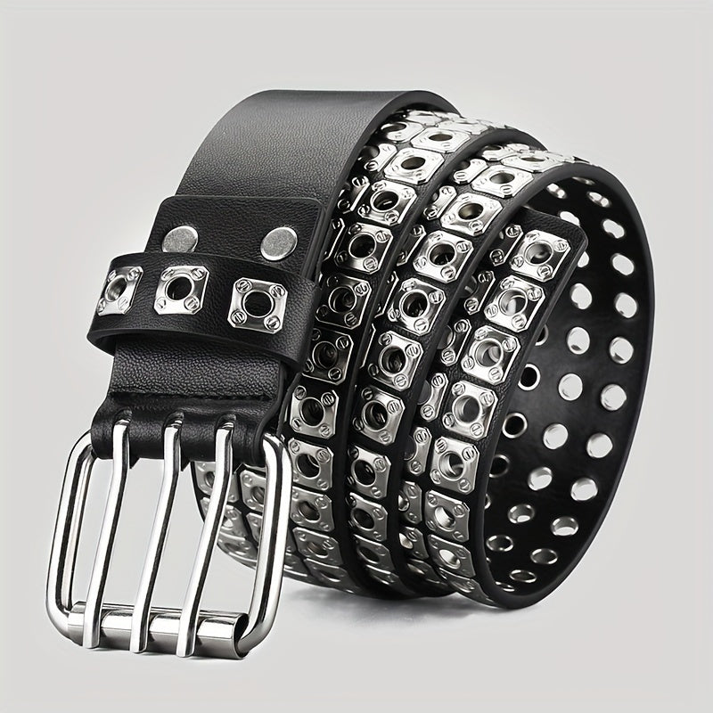 Men's Square Rivet Belt Hip Hop Rock Punk Y2K Style Double Row Pin Buckle Jeans