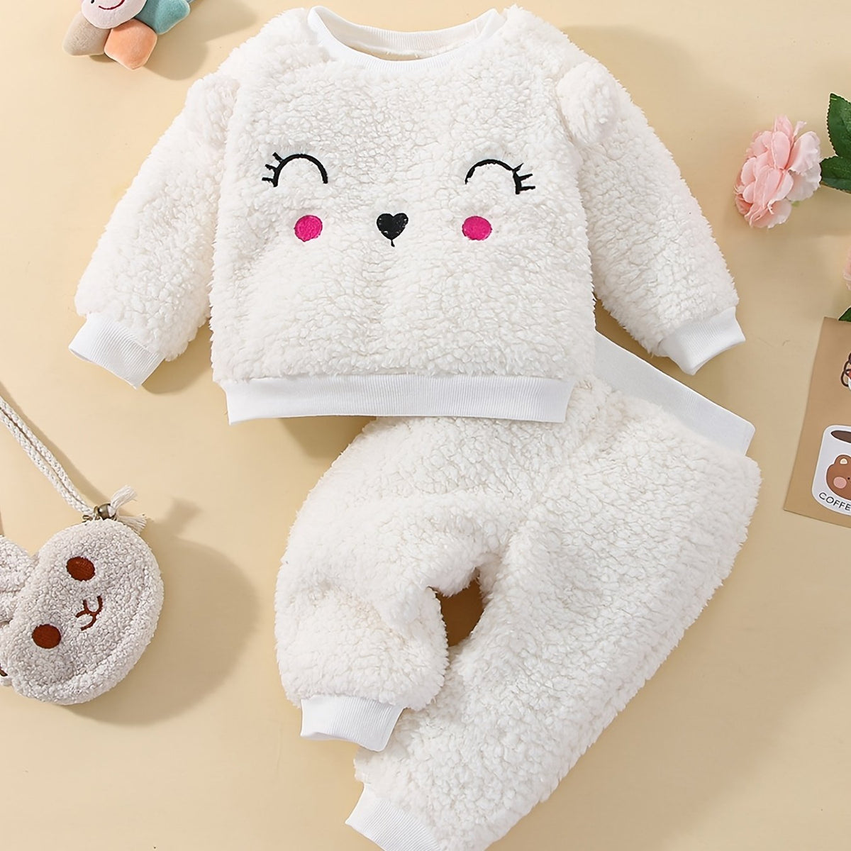 Girls Fleece Animal Embroidered Set Winter Baby Clothes