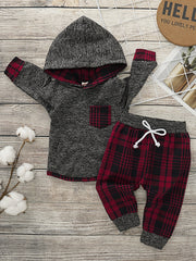 Baby Boys Hooded Sweatshirt & Pants Set with Plaid Print
