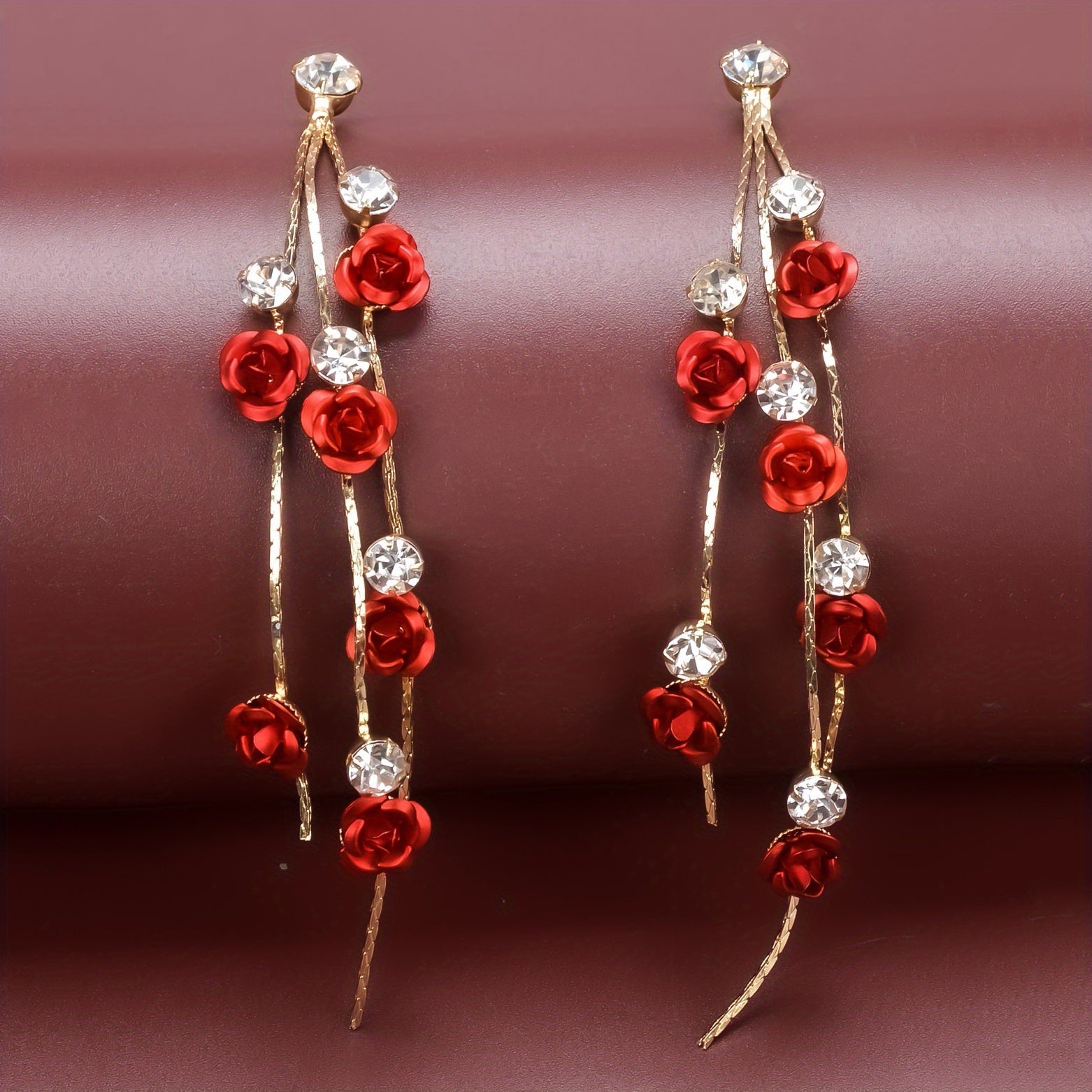 Tassel Red Rose Rhinestone Dangle Earrings