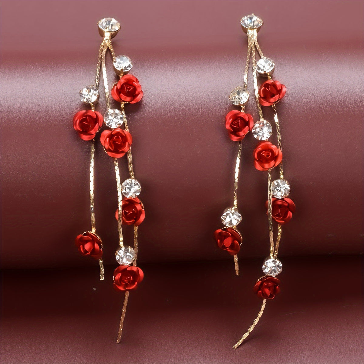 Tassel Red Rose Rhinestone Dangle Earrings