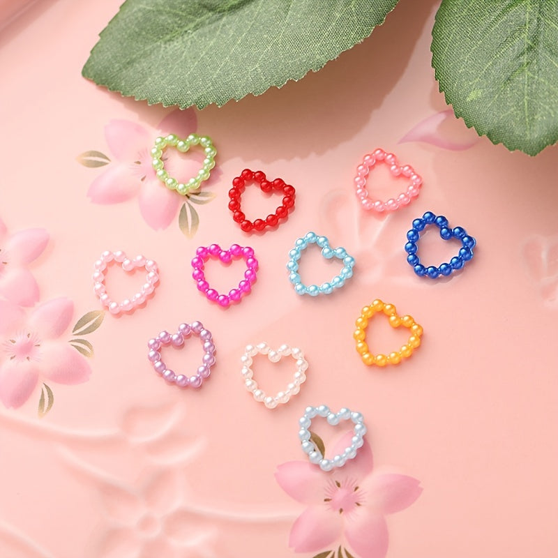 300Pcs Colorful Hollow Pearly Heart Pearl Nail Charm Acrylic Heart Decoration