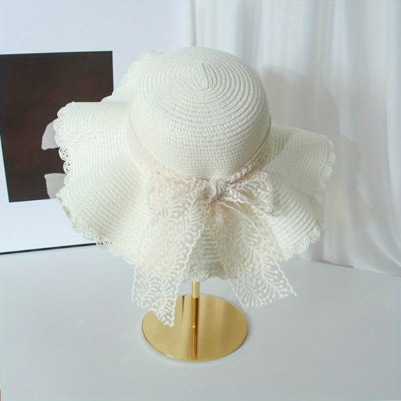 Lace Straw Sun Hat Ribbon Bowknot Decor