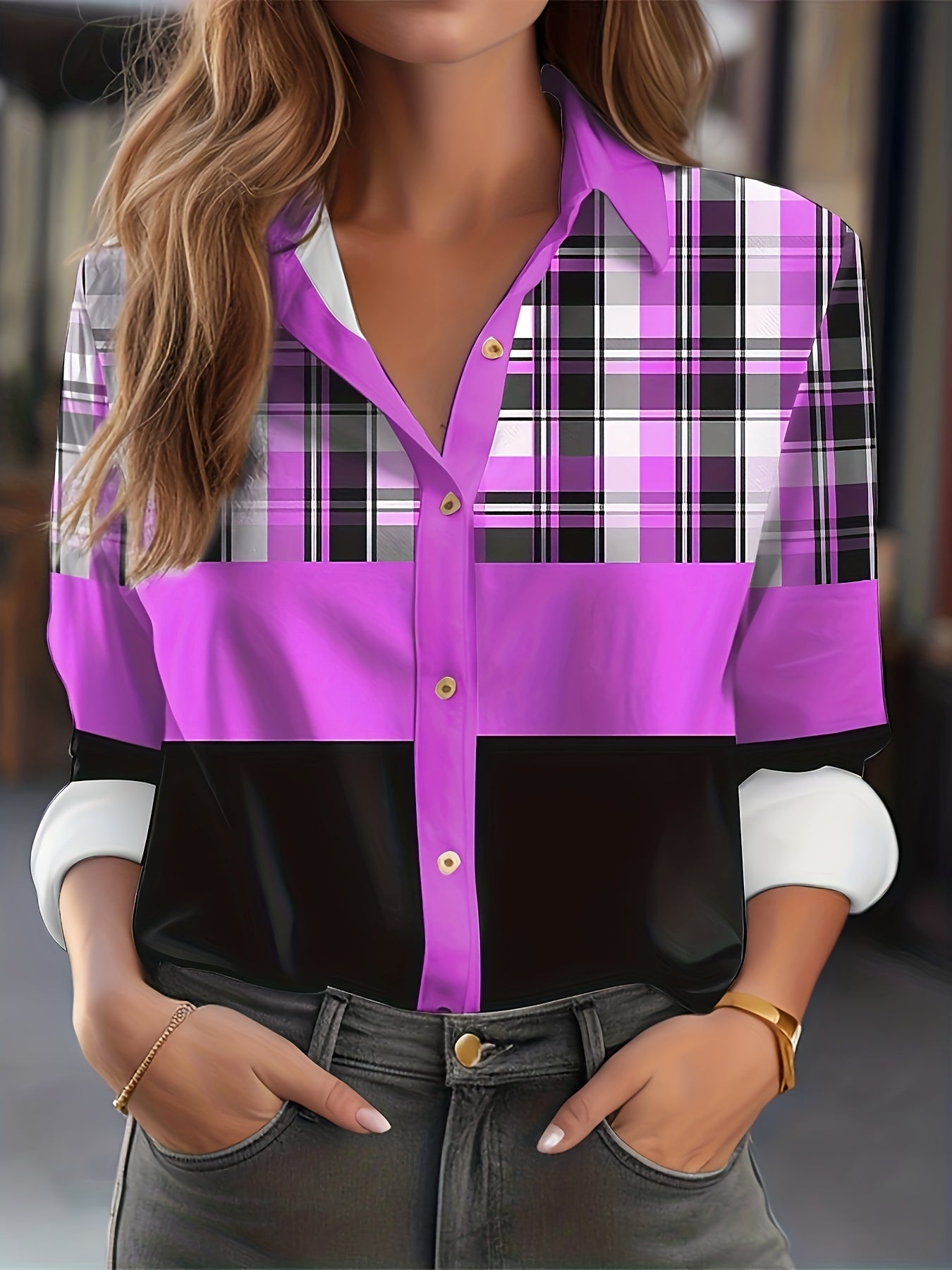  Colorblock Plaid Print Button Up Collar Shirt