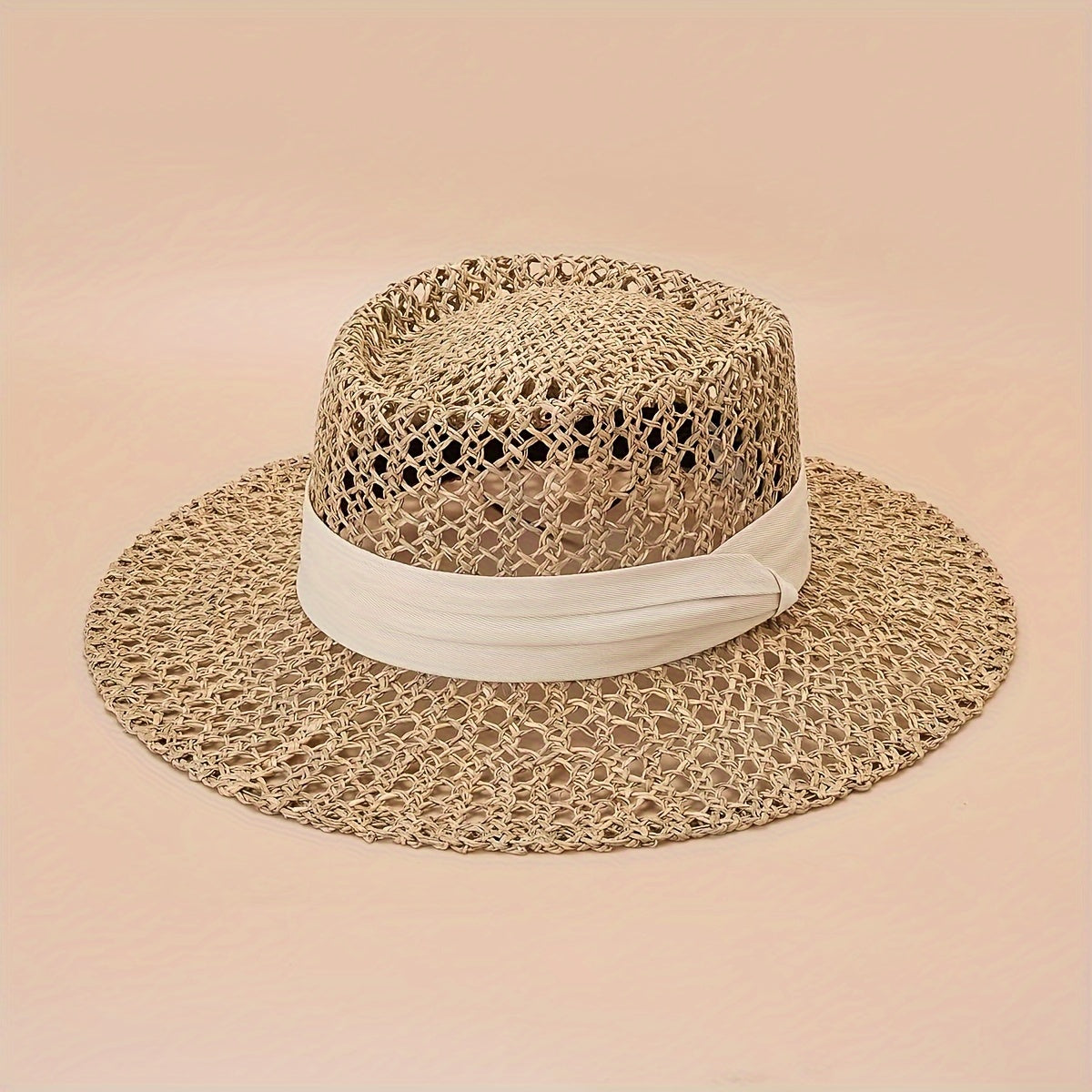 Flat Top Summer Sun Hat Hollow Straw Hat British Jazz Fedora Cap