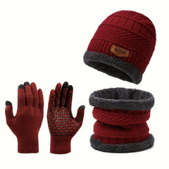 Winter Knit Hat Scarf Gloves Set Fleece Lining Warm Beanie Touch Screen Gloves