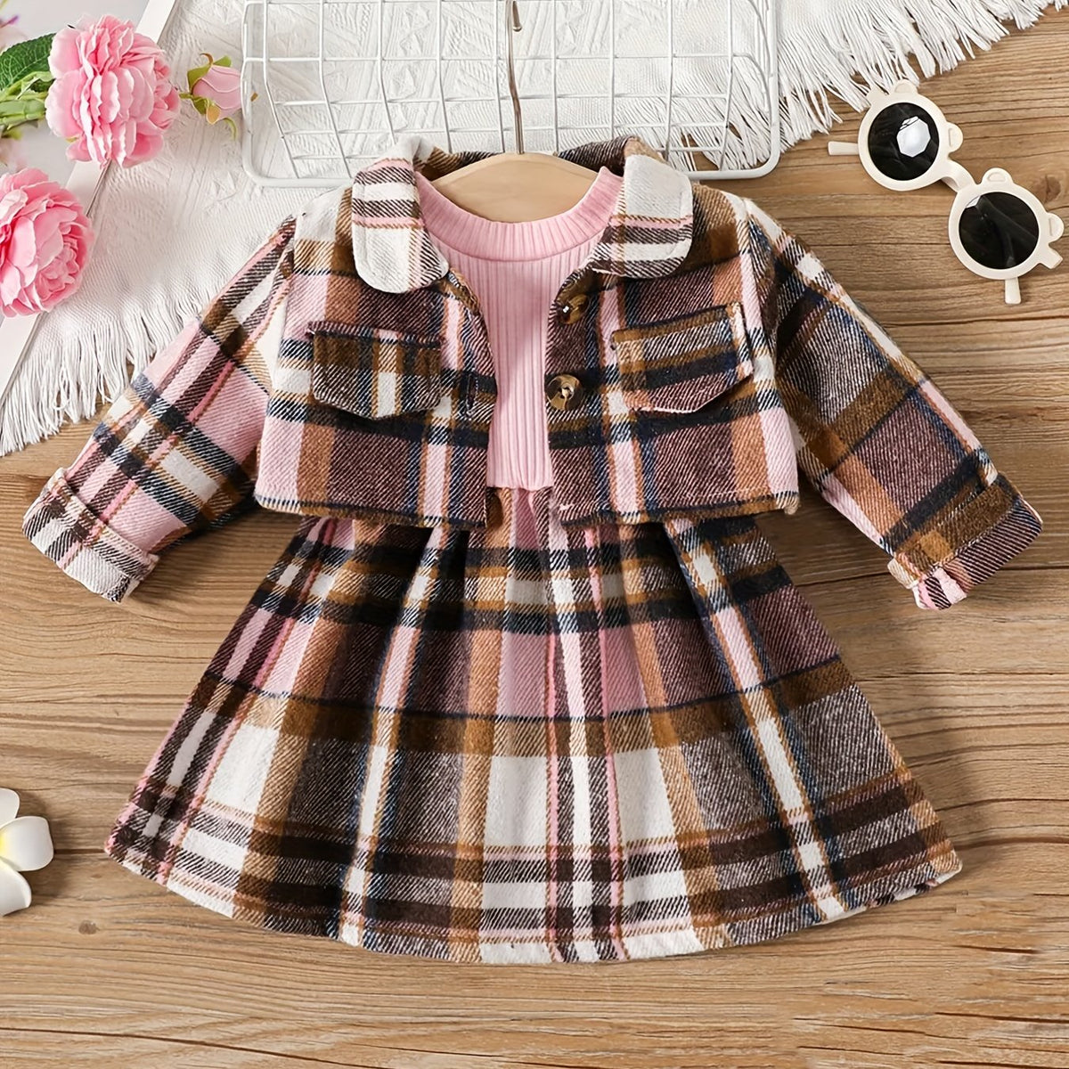 Toddler Baby Girls Patchwork Plaid Dress Coat 2pcs Set