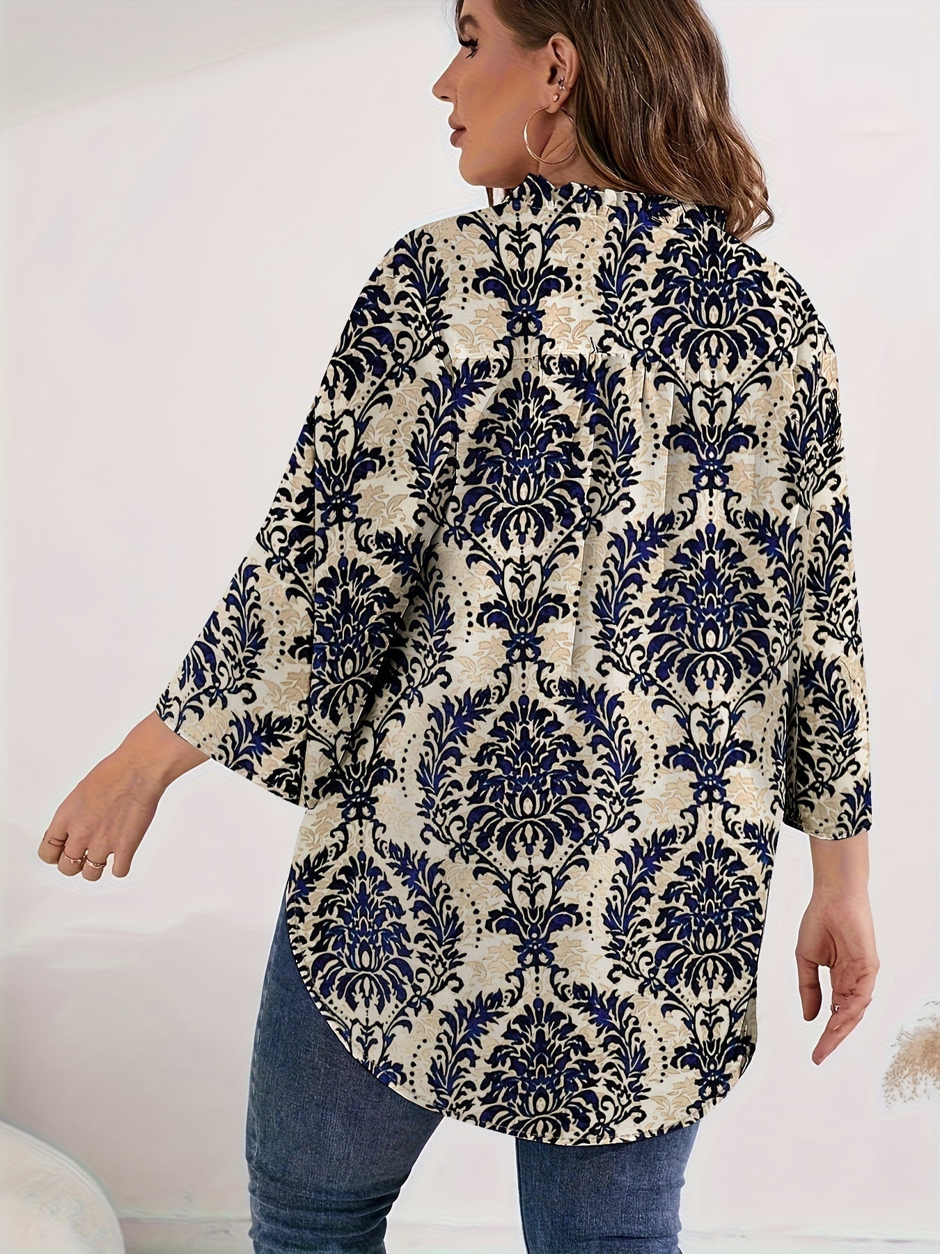  Boho Blouse Women's Plus Damask Print Notched Neck Blouse