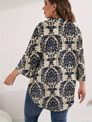  Boho Blouse Women's Plus Damask Print Notched Neck Blouse