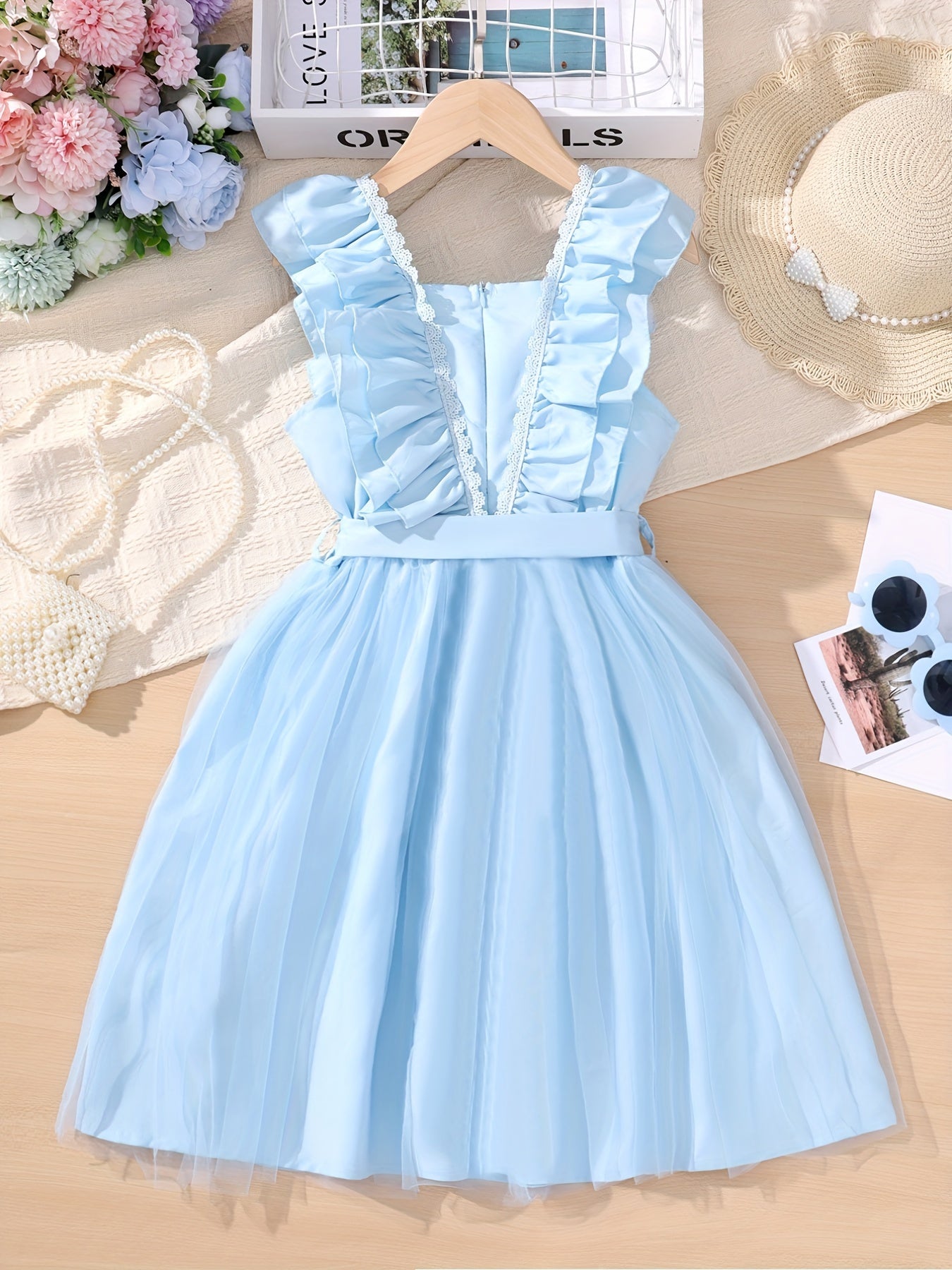 Girls' Square Neck Ruffle Sleeveless Tunic Dress For Casual Daily