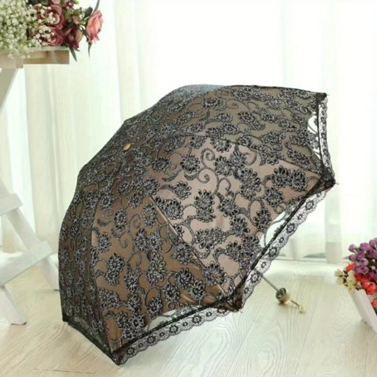 Vintage Lace Travel Folding Umbrella Floral Pattern UV Protection Windproof