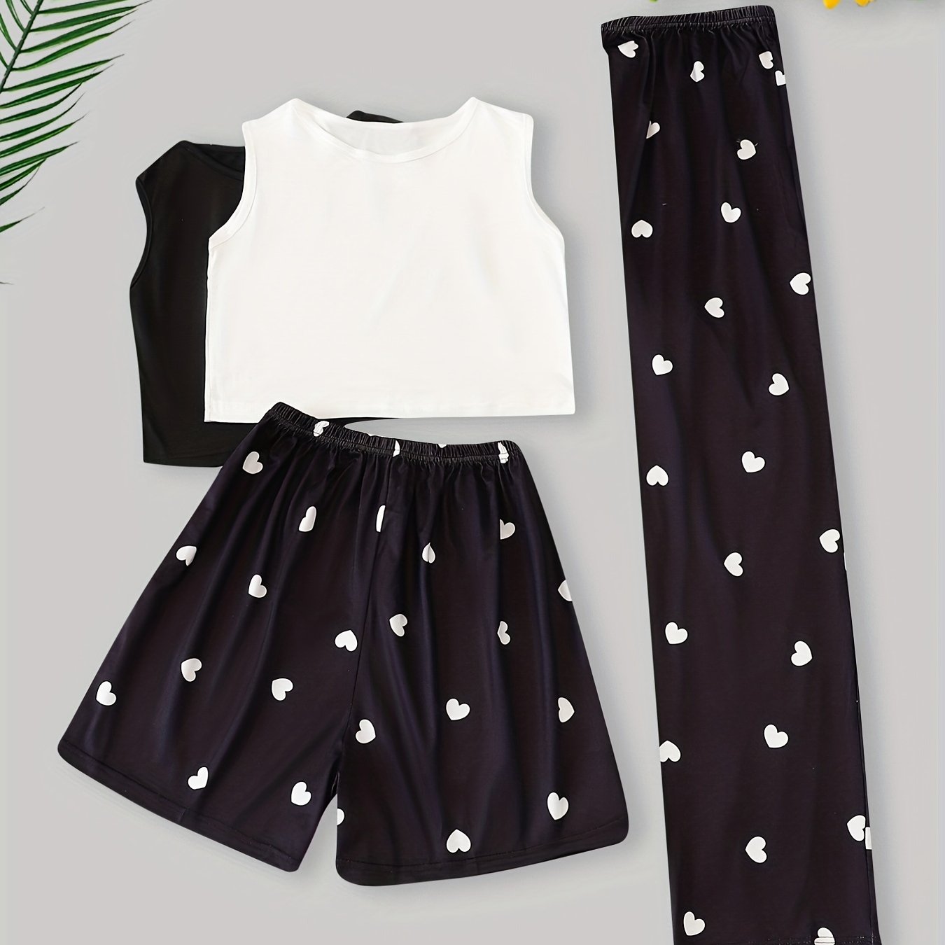 Heart Print Pajama Set Crew Neck Tank Tops & Shorts & Lounge Pants