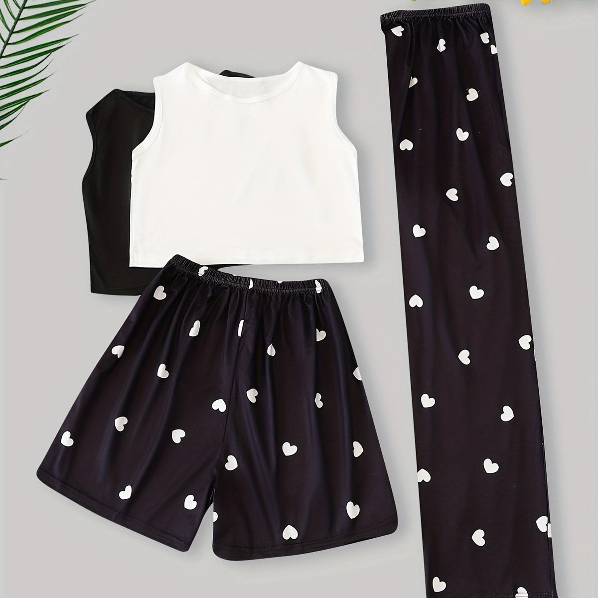 Heart Print Pajama Set Crew Neck Tank Tops & Shorts & Lounge Pants
