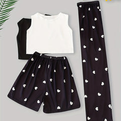 Heart Print Pajama Set Crew Neck Tank Tops & Shorts & Lounge Pants
