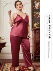  Satin Cami & Pants Pajama Set Women's Plus Solid Loungewear Set