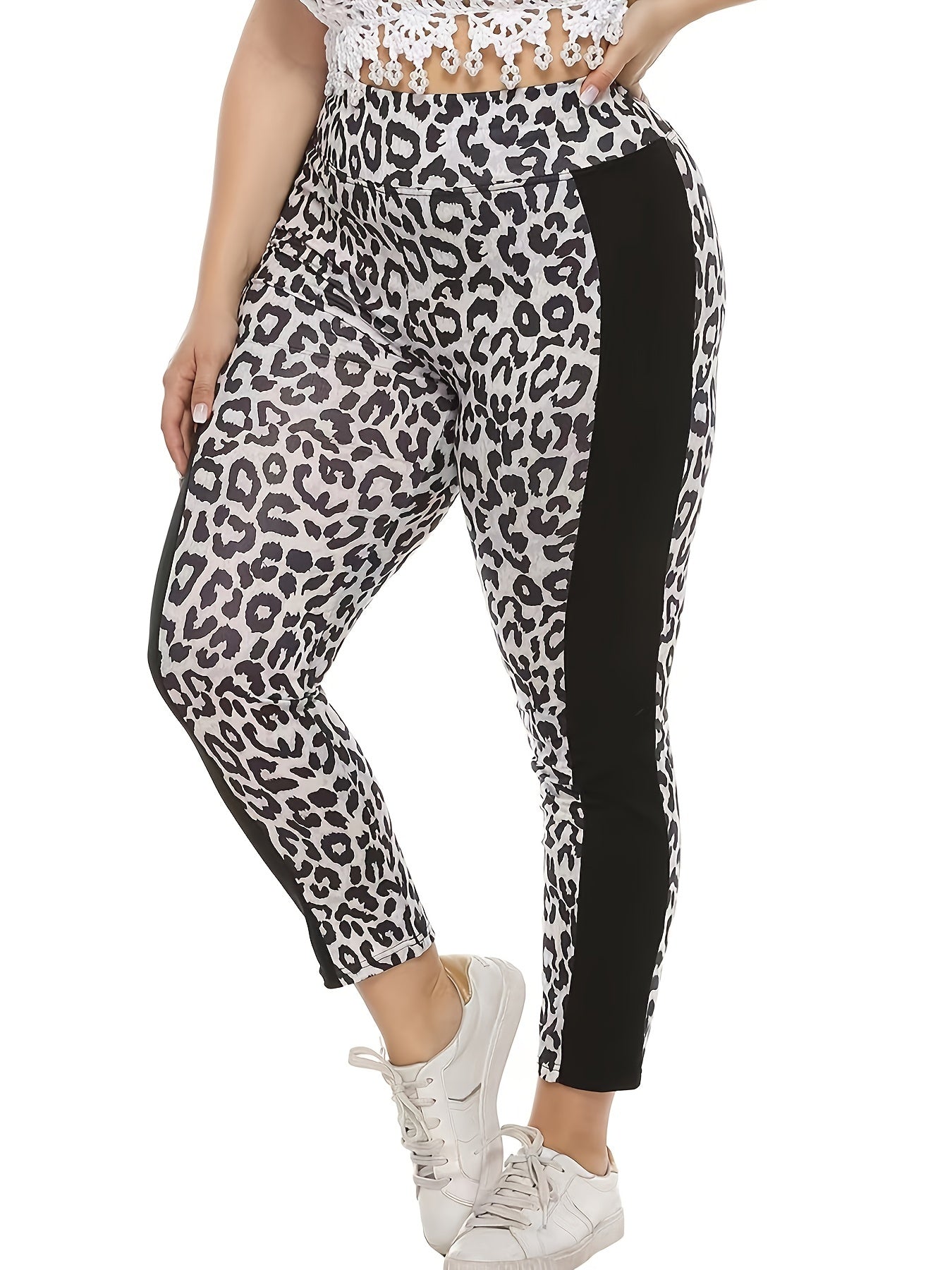  Colorblock Leopard Print High Rise Skinny Pants