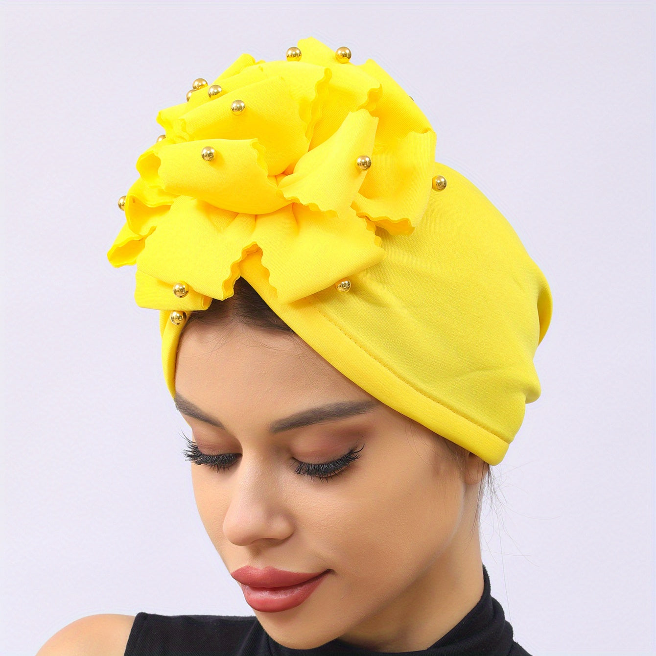 Yellow Flower Turban Cap Casual Head Wrap Breathable Hijab Elastic Chemo Cap