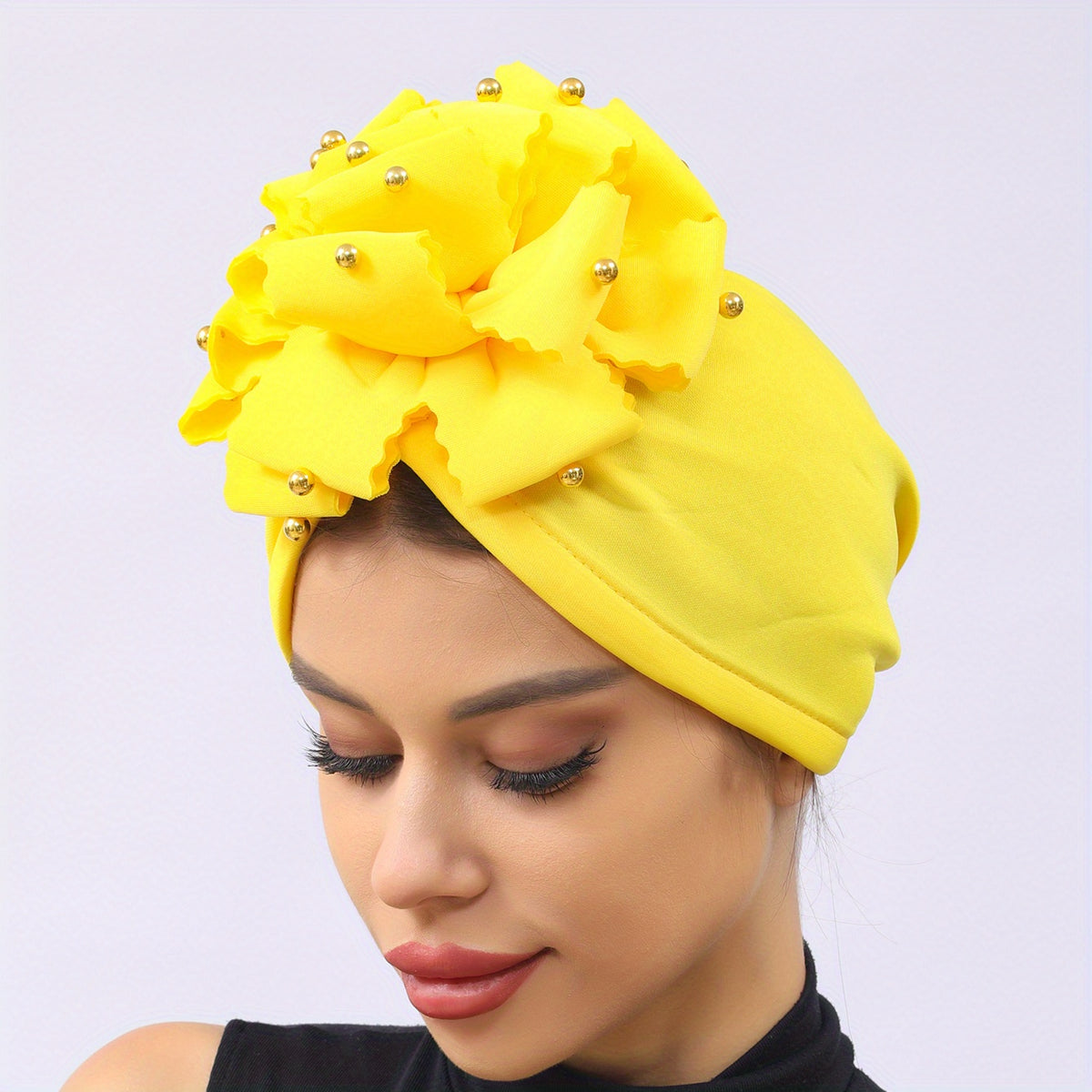 Yellow Flower Turban Cap Casual Head Wrap Breathable Hijab Elastic Chemo Cap