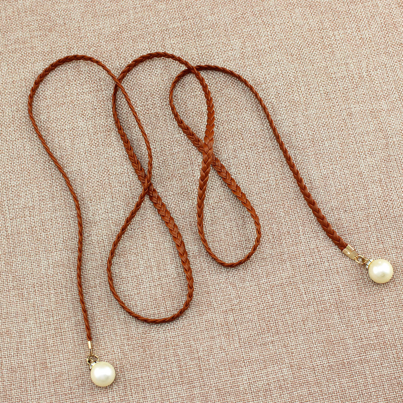 Braided Thin Belt Women's Decor Waist Rope Sweet Dress Tie With Pearl