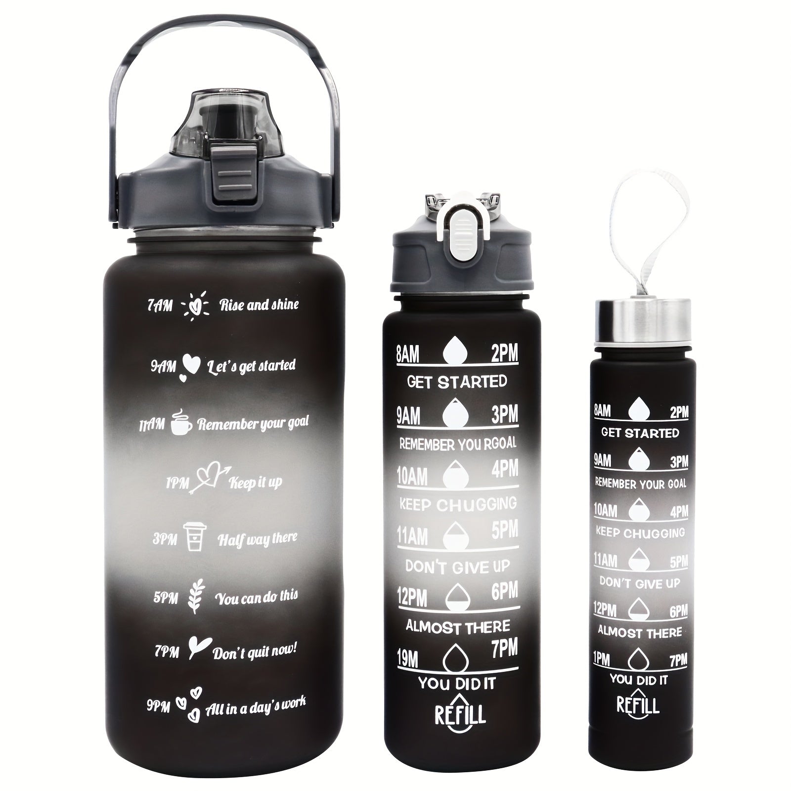 Gradient Water Bottle Set with Time Marker Leakproof Sports Cup 9oz 32oz 64oz